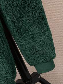 SHEIN 儿童男童休闲可爱熊刺绣卡通帽款毛绒长袖连体裤，适合上学、花园、海滩、生日、春季、夏季、秋季、冬季 - 墨綠色 - 查看 6