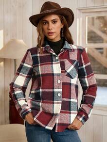 LanaWest 女式纽扣前格子印花长袖口袋休闲夹克，日常休闲女式衬衫 - 酒紅色 - 查看 7
