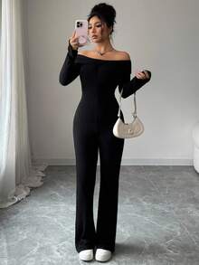 Elenzga Mono informal de mujer de un solo hombro de unicolor - Negro - Ver 7