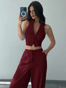 Firerie 女士优雅浪漫时尚通勤性感优雅风格露背两件套酒红色，适合派对、海滩度假、返校、浪漫约会、婚礼季、生日、复活节 - 酒紅色 - 查看 4