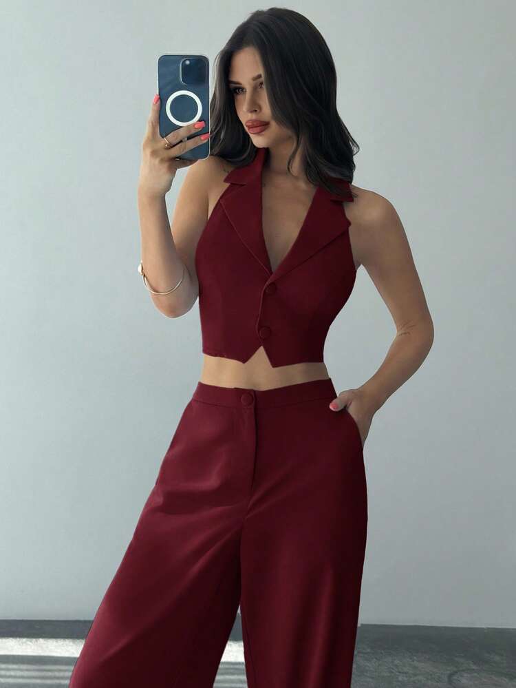 Conjunto elegante y romántico de dos piezas con estilo de halter y espalda descubierta en color vino tinto, adecuado para fiestas, vacaciones en la playa, regreso a la escuela, citas románticas, temporada de bodas, cumpleaños, Pascua - Burdeos - Añade 4