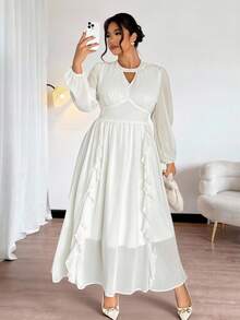 Firerie 大码女式优雅通勤精致杏色 V 领镂空长袖雪纺荷叶边下摆长裙/秋季返校优雅浪漫连衣裙/生日派对舞会连衣裙/沙滩度假连衣裙 - 杏色 - 查看 1