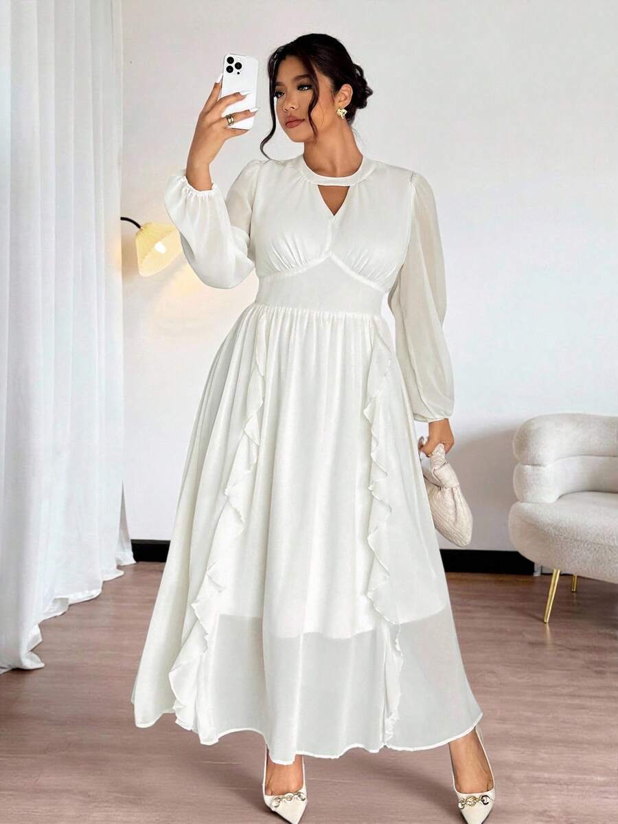 Firerie 大码女式优雅通勤精致杏色 V 领镂空长袖雪纺荷叶边下摆长裙/秋季返校优雅浪漫连衣裙/生日派对舞会连衣裙/沙滩度假连衣裙 - 杏色 - 查看 1