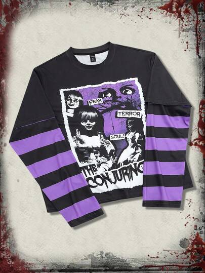 The Conjuring X ROMWE T-shirt à manches longues pour hommes avec graphique gothique d'horreur, de mission et de lettres, avec rayures contrastées. Décontracté pour le printemps et l'automne