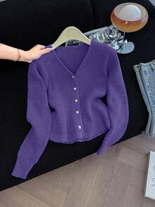 Qadelle Áo khoác cardigan dệt kim cài nút phía trước thường ngày dành cho nữ, Thu/Đông - Màu tím - Xem 4