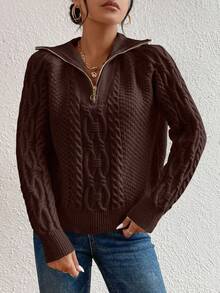 EMERY ROSE Women's Autumn/Winter Cable Pattern Zip-Up Crew Neck Casual Sweater - Chocolate Brown - View 6