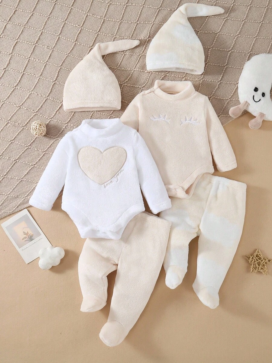 SHEIN 6pcs Newborn Simple Fashion White Autumn Cute Sibling Matching Heart Expression Fleece Long Sleeve Romper,Pants,Hat Set,Pajamas Baby Layette Outfit - Apricot - View 1