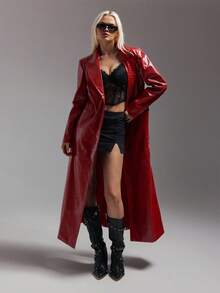 SHEIN ICON 女式 Y2K 粉色鳄鱼皮图案长款开襟休闲外套夹克，秋冬街头风 - 粉色 - 查看 4