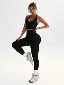 Dewbera Dewbera Women's Solid Color Cropped Halter Neck Tank Top And High Waist Leggings Sports Set - Black - View 4