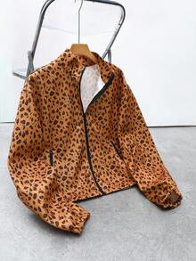 ROMWE MEN Street Life Chaqueta con cuello alto con estampado de leopardo para hombre, adecuada para otoño/invierno - Marrón - Ver 1