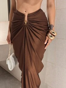 Shopreo 女士时尚纯色褶皱半身裙 - 咖啡棕 - 查看 6