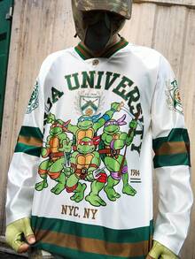 ROMWE MEN TEENAGE MUTANT NINJA TURTLES X ROMWE 男士休闲拼色海龟印花V领长袖T恤，秋季 - 白色 - 查看 4