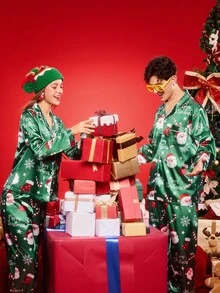 Notgurli 女士缎面数码印花睡衣套装，秋冬款，圣诞节礼物 - 彩色 - 查看 3