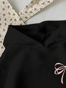 Áo nỉ thiết kế nơ cho bé gái tuổi teen, áo cổ tròn rộng rãi thoải mái tối giản họa tiết nơ màu hồng, phù hợp cho mùa thu/đông - màu đen - Xem 3