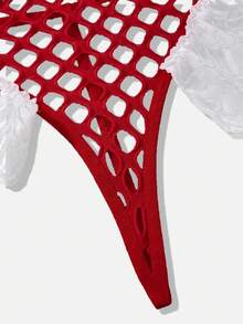 女式拼布人造毛皮、网眼、蕾丝边露背系带性感内衣 - 紅白色 - 查看 6