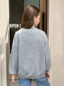 SHEIN 2pcs Tween Girls Casual Elegant V-Neck Oversized Loose Thermal Lined Long Sleeve Letter Print & Solid Color Pullover Sweatshirts, Black & Gray, Autumn/Winter - Multicolor - View 11