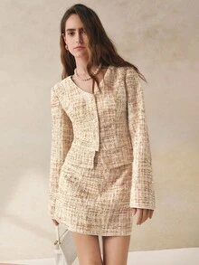 INAWLY 女士秋冬法式时尚粗花呢珍珠纽扣夹克外套和直筒裙套装 - 淺粉色 - 查看 5