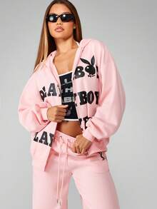 Missguided x Playboy Áo nỉ trùm đầu cổ điển cỡ lớn có khóa kéo toàn bộ có logo thỏ thời trang Y2K màu hồng phong cách đường phố cổ điển phong cách mùa đông thu thường ngày mặc ở nhà - Hồng - Xem 5