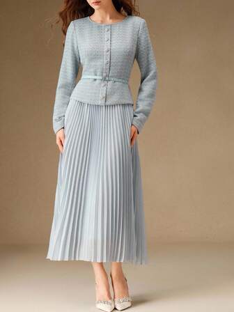 Anewsta Vestido largo elegante de mujer con cuello redondo, tweed, pliegues en el bajo y parches en estilo retro elegante de color azul grisáceo