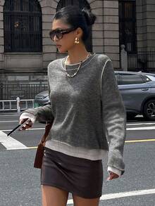 DAZY Autumn/Winter New Loose Oversized 2 In 1 Sweater, Round Neck Pullover Mohair Casual Style School - Grey - View 2