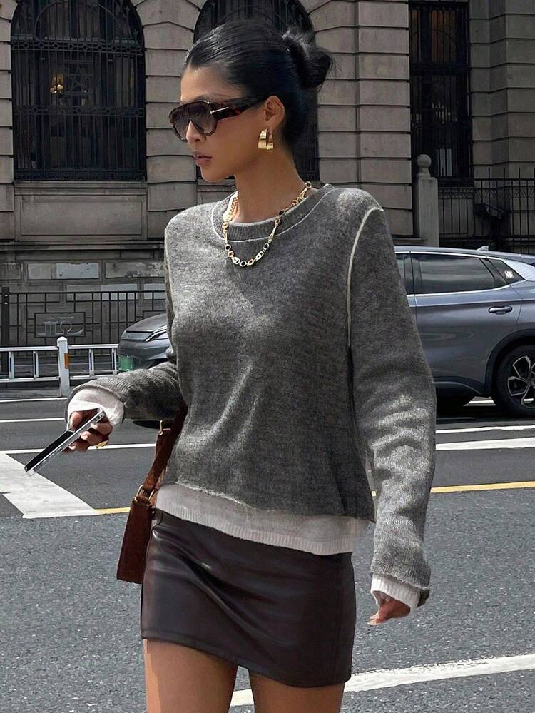 Autumn/Winter New Loose Oversized 2 In 1 Sweater, Round Neck Pullover Mohair Casual Style