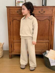 Dazy Kids Young Girl Solid Color Drop Shoulder Long Sleeve Sweater And Drawstring Waist Knit Pants Casual Suit, Autumn - Apricot - View 5