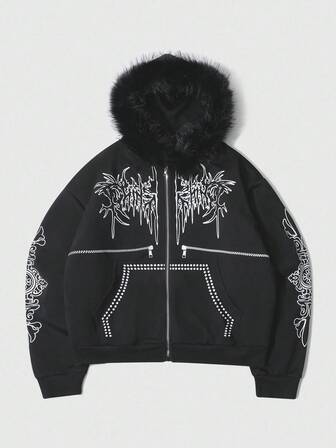 Street Life Herren Gothic Muster Reißverschluss Kontrast Kunstpelz Kapuzenpullover, Herbst/Winter