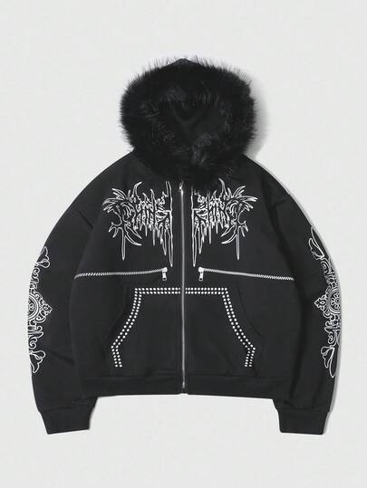 Street Life Felpa con cappuccio da uomo con stampa gotica, chiusura lampo e inserti in eco-pelliccia, adatta per l'autunno/inverno