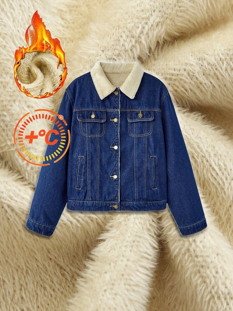 SHEIN Maija Women's Fleece Denim Coat Winter Long-Sleeved Warm Coat Casual Wear Thanksgiving For Women Christmas