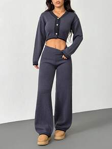 SHEIN PETITE 女士毛呢宽松家居两件套西装居家舒适休闲套装女两件套两件套女舒适两件套家居套装女两件套休闲套装女舒适两件套秋冬装 - 深灰色 - 查看 5
