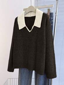 Franclia V-Neck 2 In 1 Long Sleeve Sweater, Autumn/Winter - Coffee Brown - View 5