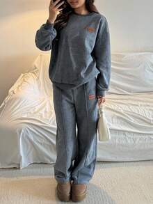 SHEIN Teen Girls Grey Knit Basic Sweatshirt And Pants Set, Winter - Dark Grey - View 5