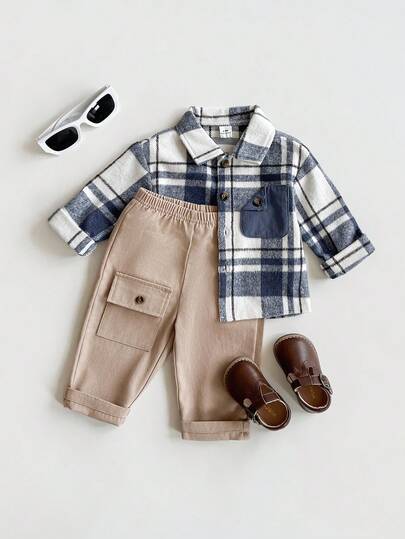 SHEIN Playful Pals 2pcs Baby Boy Casual Plaid Pocket Long Sleeve Shirt And Pants Set, Suitable For Autumn/Winter, Daily & Outdoor Wear