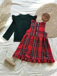 Vintaside Kids 2pcs/Set Girls Solid Color Long Sleeve Flutter Sleeve Top And Plaid Bow Decor Sleeveless Pinafore Dress, Young - Multicolor - View 2