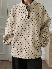 Livesso Women's Autumn Sherpa Allover Print Button Half Placket Casual Loose Sweatshirt