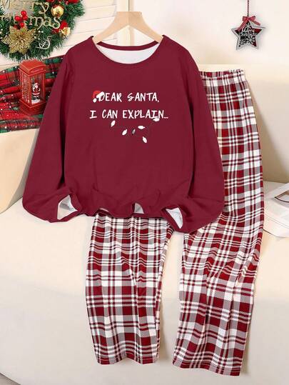 青少年女孩两件套睡衣套装 - 红色格子圣诞印花上衣和酒红色格子宽松舒适裤