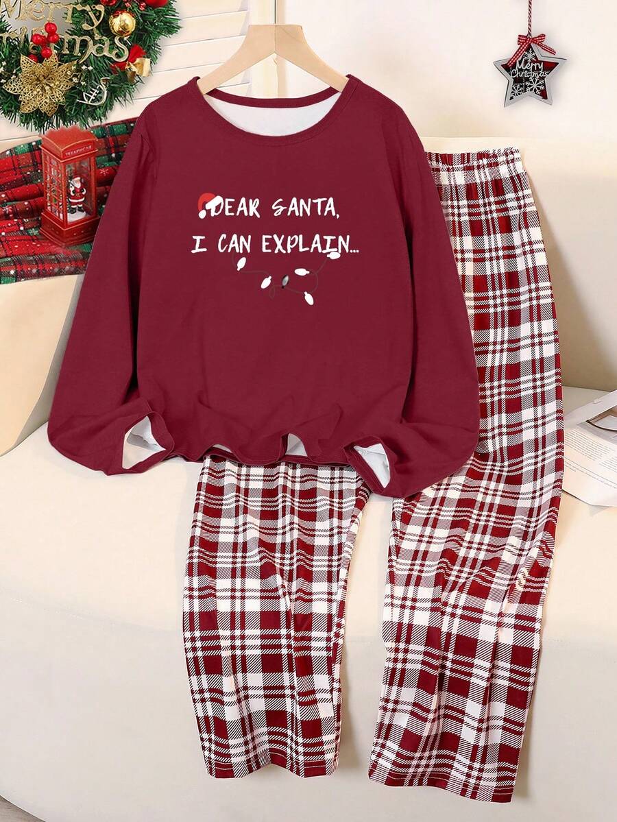 青少年女孩两件套睡衣套装 - 红色格子圣诞印花上衣和酒红色格子宽松舒适裤 - 酒紅色 - 查看 1