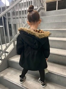 SHEIN Young Girl Cute Leopard Print Hooded Jacket, Versatile For Autumn/Winter - Black - View 5