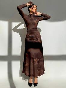 Aloruh Váy dự tiệc dài tay in họa tiết hoa nhuộm loang màu nâu thu đông mới, phù hợp cho các sự kiện trang trọng, hẹn hò và trang phục thường ngày thu đông - Nhiều màu - Xem 5