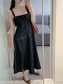 DAZY 女士系带无袖牛仔长裙，优雅女士夏季连衣裙