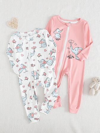2pcs Baby Girls' Pink & White Long Sleeve Romper Pajama Set, Cute Polka Dot & Bow Print Design Snug Fit 2 Way Zipper Footed Pajamas For Baby Baby Pajama Sets Baby Girl Sleep Wear
