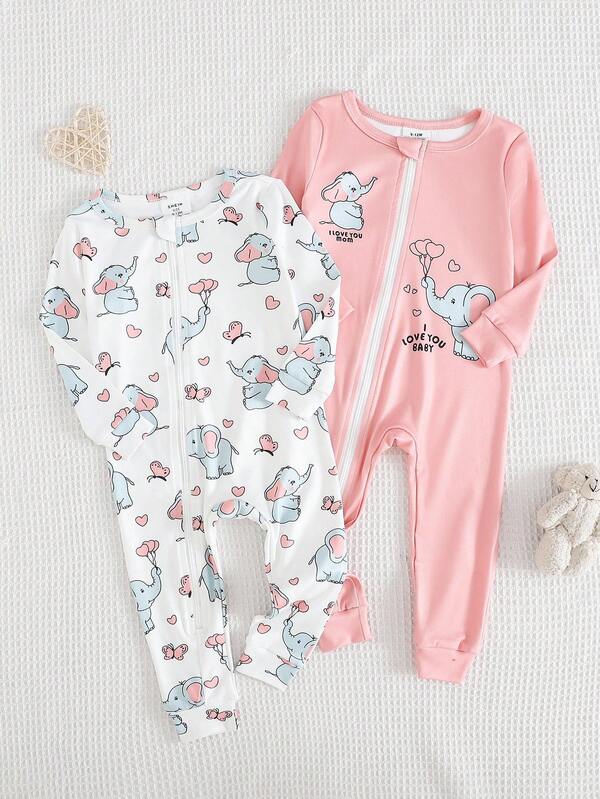 2 Stücke rosa-weißes Langarm-Pyjama-Set für Babys, süßes Design mit Punkten und Schleife, eng anliegender Passform, 2-Wege-Reißverschluss, Schlafanzug mit Füßen für Babys, Baby-Pyjama-Sets, Nachtwäsche für Babys