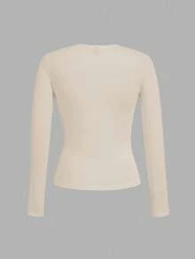 SHEIN EZwear 女士圆领休闲修身长袖T恤三件套，黑色，杏色，酒红色，秋冬 - 彩色 - 查看 10