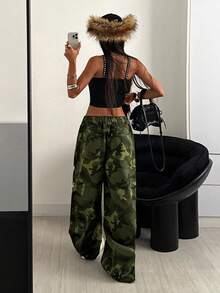 StreetHx 女式休闲街头字母迷彩阔腿牛仔裤 - 彩色 - 查看 2