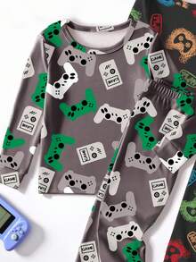 2pcs Tween Boys Pajama Set, Video Game Controller All-Over Print Crew Neck Long Sleeve Top And Snug Fit Pants, Stretchy Sleepwear, Fashionable Snug Fit Style Runs Small, Recommend Sizing Up - Multicolor - View 3