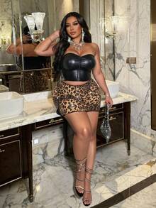 NU&NOW Chân váy mini ôm sát dáng xoắn, chất liệu vải dệt kim co giãn cao, đính sequin bóng, họa tiết da báo, dành cho nữ cỡ lớn mùa thu/đông, thích hợp cho tiệc chiêu đãi, hẹn hò, gợi cảm, lễ tốt nghiệp, tiệc năm mới. - màu nâu - Xem 5