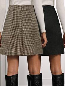 SHEIN Clasi Bộ váy nhung kẻ sọc Houndstooth dành cho nữ, váy chữ A xẻ tà dành cho nữ - Nhiều màu - Xem 2