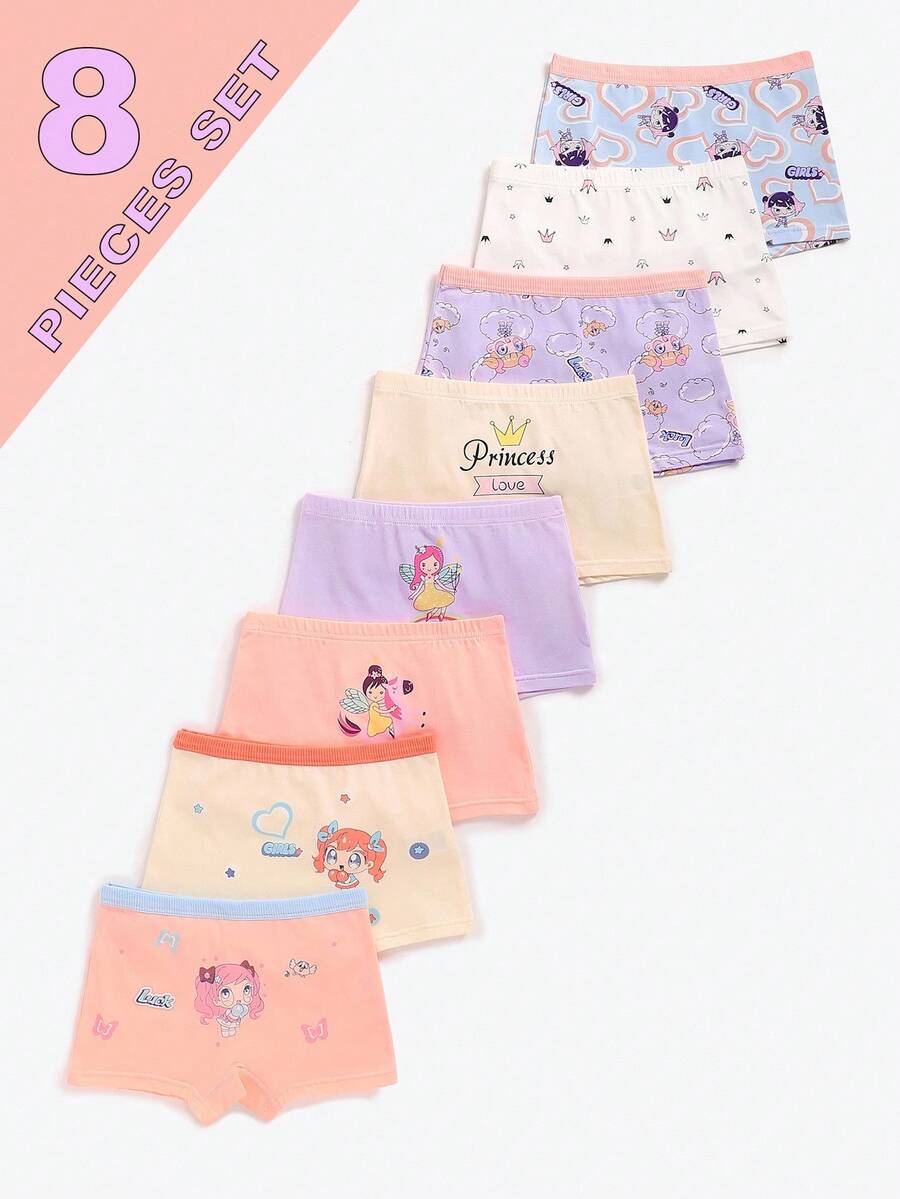 8pcs/Pack Girls' Cute Cartoon Print Briefs - Multicolor - View 1