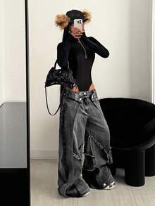 StreetHx Women's Low Waist Frayed Design Wide Leg Loose Casual Jeans - Grey - View 4