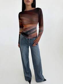 Aloruh 女士优雅性感露背扎染全身印花百搭打底 T 恤，适合秋冬外出，优雅街头风格，复古 T 恤 - 彩色 - 查看 5